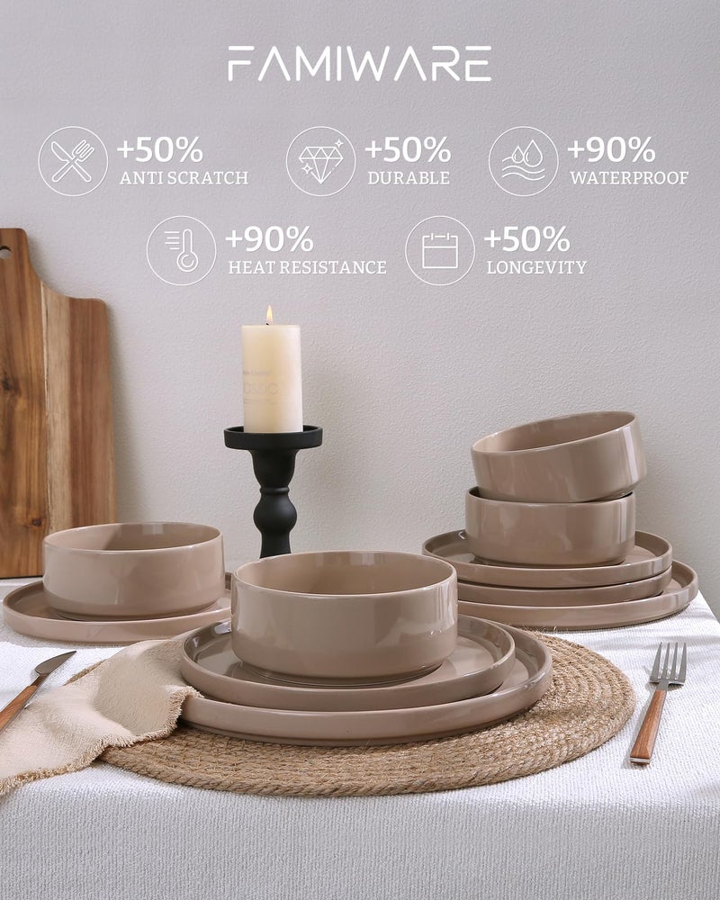 Famiware Nebula Plates and Bowls Set, 12 Pieces Dinnerware Sets, Dishes Set for 4, Cinnamon Brown - Image 4