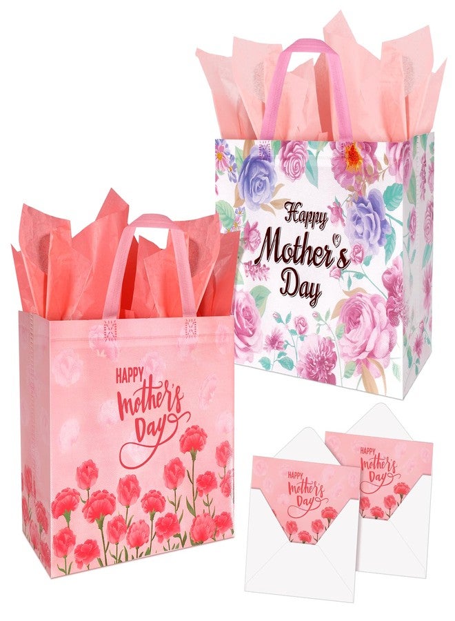 Konsait 13" Large Mothers Day Gift Bags, 2 Pack Flower Non-woven Happy Mother's Day Bags with Tissue Paper & Greeting Card for Gift Wrapping, Parties and More - Image 1
