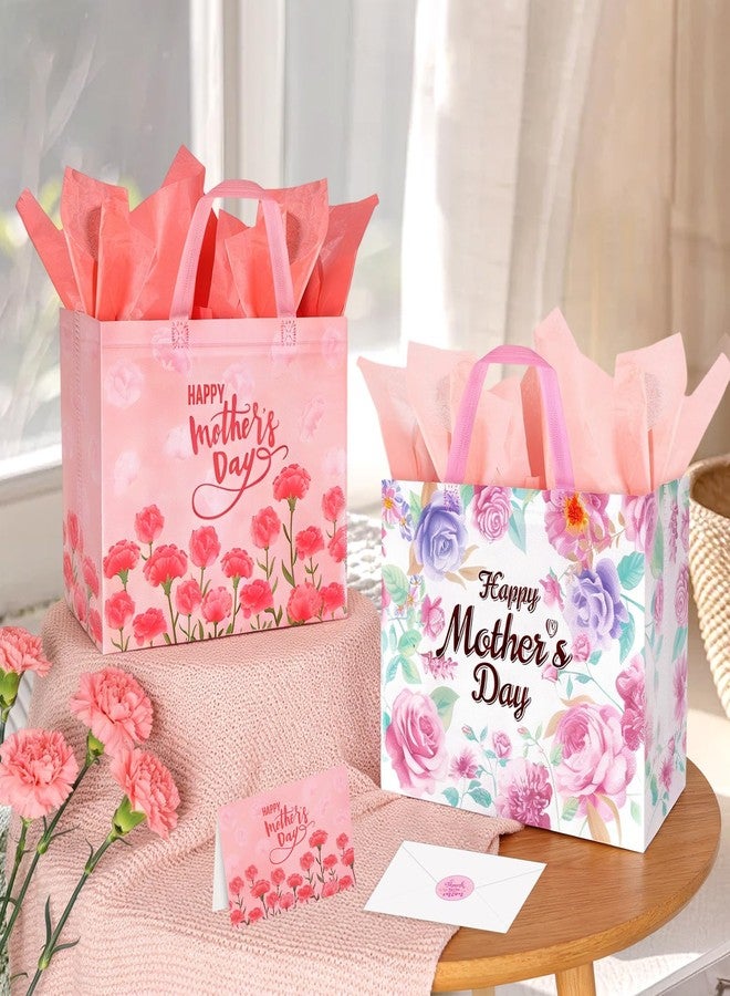 Konsait 13" Large Mothers Day Gift Bags, 2 Pack Flower Non-woven Happy Mother's Day Bags with Tissue Paper & Greeting Card for Gift Wrapping, Parties and More - Image 3