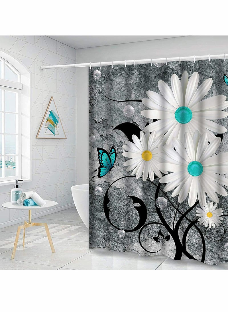 Shower Curtain Floral Butterfly White Daisy Shower Curtain for Bathroom Farmhouse Rustic Bathroom Curtain with 12 Hooks Waterproof Fabric Flower Bathroom Shower Curtains 72" x 72" (Grey) - Image 3