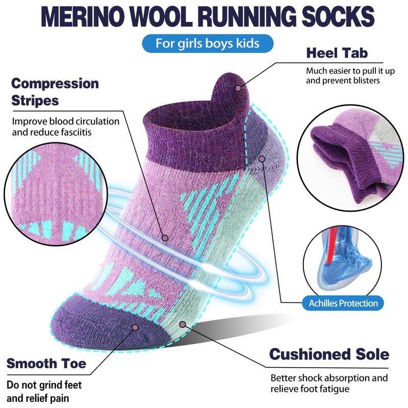 Sandsuced Kids Merino Wool Ankle Socks Girls Boys Thermal Winter Hiking Athletic Cozy Warm Thick Cushion Running No Show Gift Socks 6 Pairs Stocking Stuffers(Assorted,8-12 Years) - Image 3