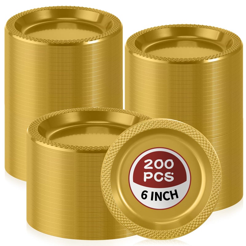 200 Pcs Gold Plastic Dessert Plates 6 Inch Round Gold Disposable Plates Heavy Duty Wedding Dinner Tableware for Birthday Party Dinner Picnic Salad Appetizer Party Supplies