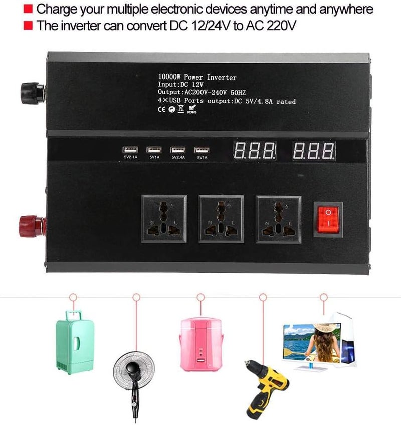 woobles 12V 24V to 220V Solar Inverter High Power, Solar Power Inverter Sine Wave Inverter Built in Cooling Fan, AC Outlets USB Charging Ports Ideal 24V to 220V,10000W 12V to 220V,10000W - Image 2