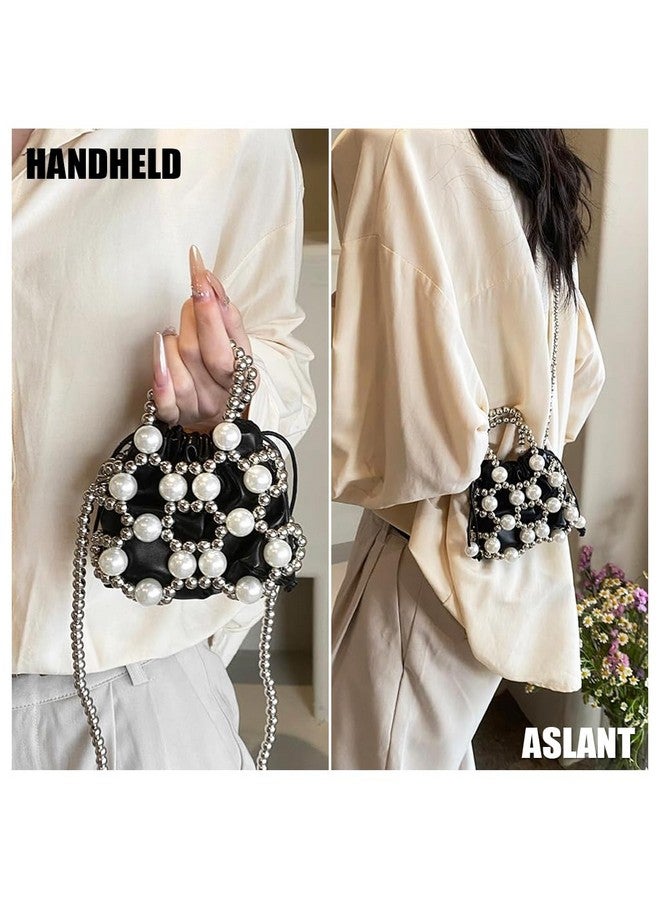 PALAY¬ÆSmall Drawstring Shoulder Bag Fashion Beaded Chain Crossbody Bag White Acrylic Pearl Embellishment Phone Sling Bag Casual Small Bag with Handle Evening Bag Handbag, 14x16cm - Image 5