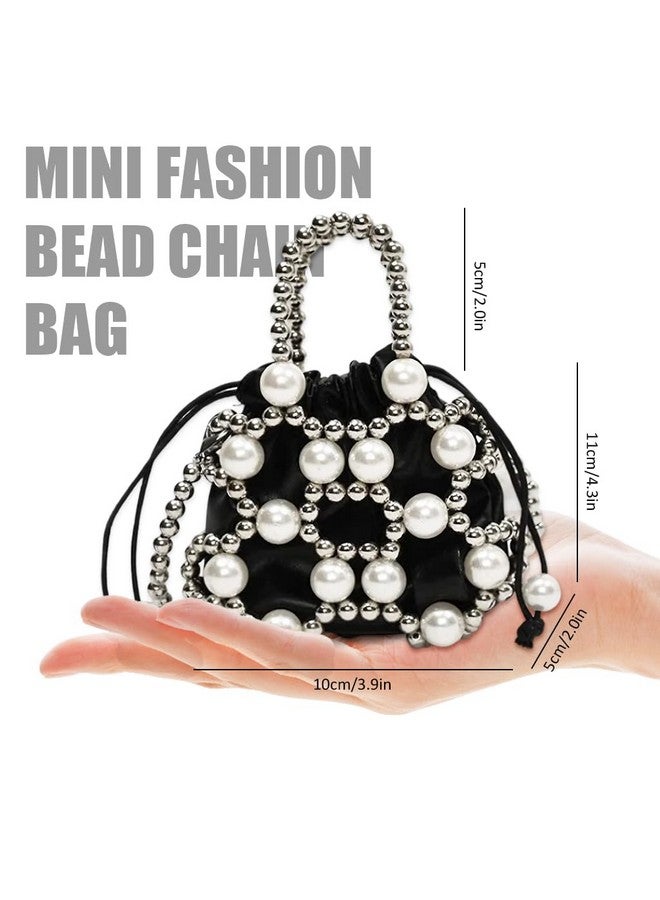 PALAY¬ÆSmall Drawstring Shoulder Bag Fashion Beaded Chain Crossbody Bag White Acrylic Pearl Embellishment Phone Sling Bag Casual Small Bag with Handle Evening Bag Handbag, 14x16cm - Image 2