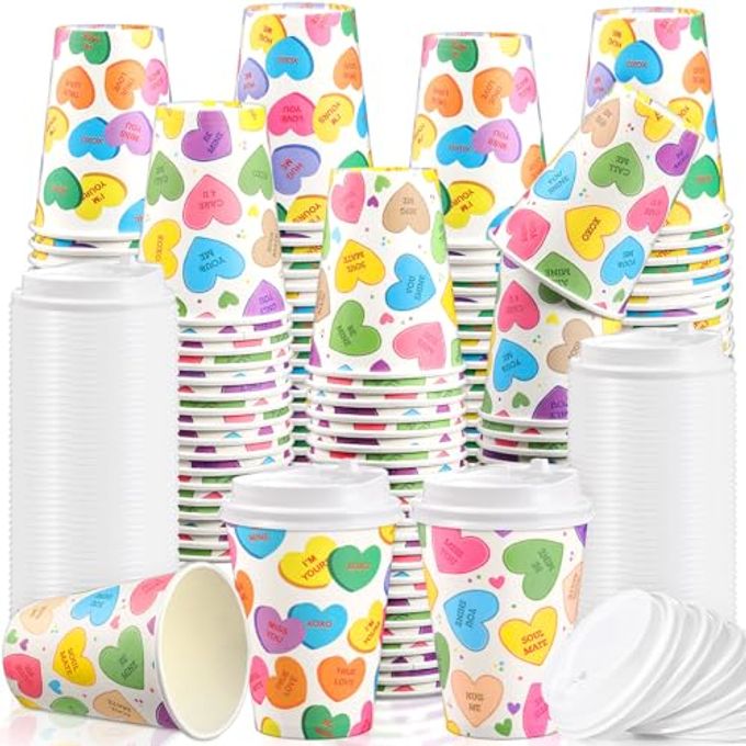 Jingmore 160 Pcs 12 oz Valentine's Day Disposable Coffee Cups with Lids Bulk Valentines Love Heart Paper Cup for Hot Chocolate Cocoa Tea for Galentines Anniversary Party Supplies (Conversation Heart)