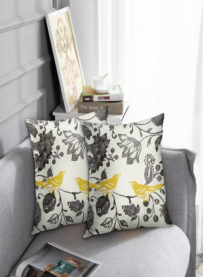 Emvency Set of 2 Floral Throw Pillow Cover Square Size 18x18 Inches Yellow Gray Vintage Bird Ivory Trendy Lumbar Decorative Pillowcase with Hidden Zipper Decor Cushion Gift for Holiday Sofa Bed - Image 3