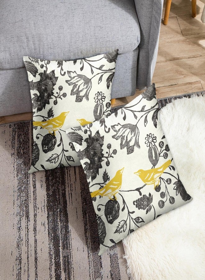 Emvency Set of 2 Floral Throw Pillow Cover Square Size 18x18 Inches Yellow Gray Vintage Bird Ivory Trendy Lumbar Decorative Pillowcase with Hidden Zipper Decor Cushion Gift for Holiday Sofa Bed - Image 4