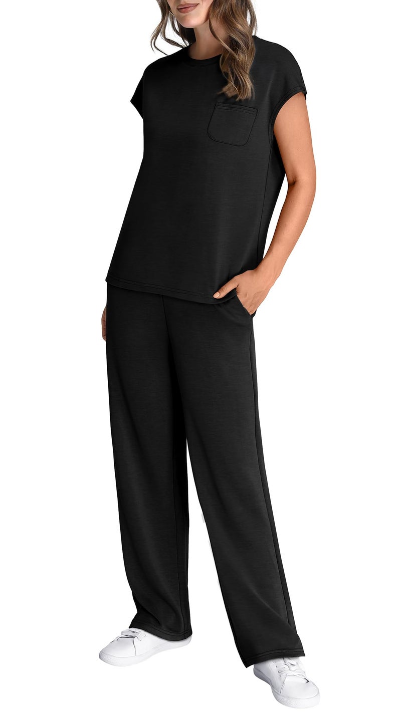 WIHOLL Workout Sets for Women 2 Piece Travel Airport Outfits on Plane Summer Business Casual Loungewear Ladies Pants Comfy Sets Cruise Vacation Outfits Resort Wear for Womens 2026 Clothing Black M - Image 4