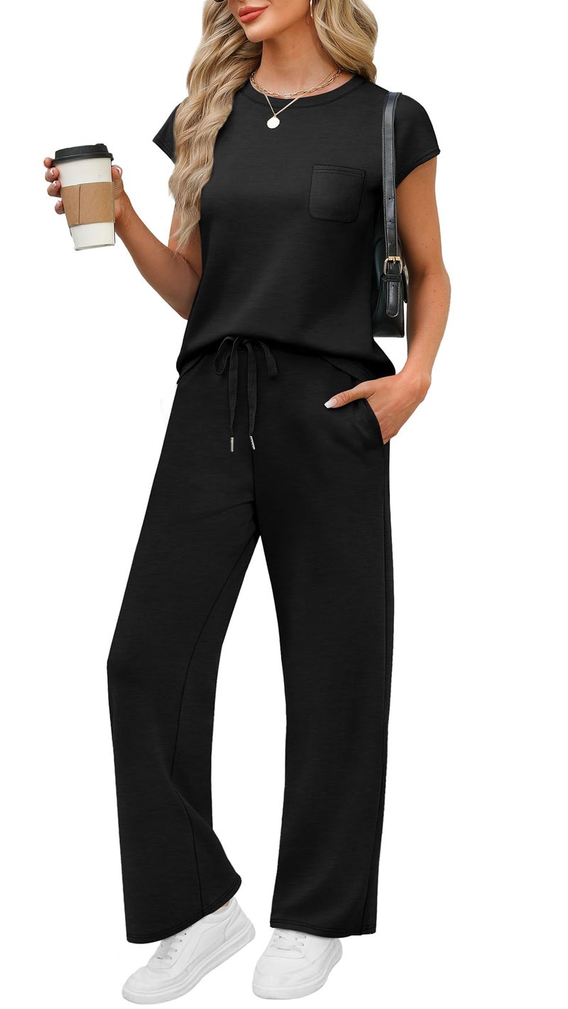 WIHOLL Workout Sets for Women 2 Piece Travel Airport Outfits on Plane Summer Business Casual Loungewear Ladies Pants Comfy Sets Cruise Vacation Outfits Resort Wear for Womens 2026 Clothing Black M - Image 1