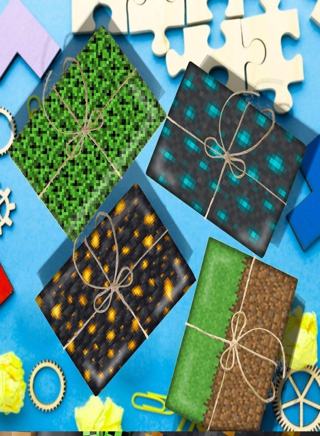 JenJen Tradition أوراق تغليف بكسل 28 × 40 بوصة - ورق تغليف هدايا ألعاب الفيديو للأولاد والأطفال - 4 تصاميم بكسل بنمط كريبر، وأنماط التراب والحمم البركانية والماس - لوازم حفلات أعياد ميلاد محبي الألعاب - Image 3