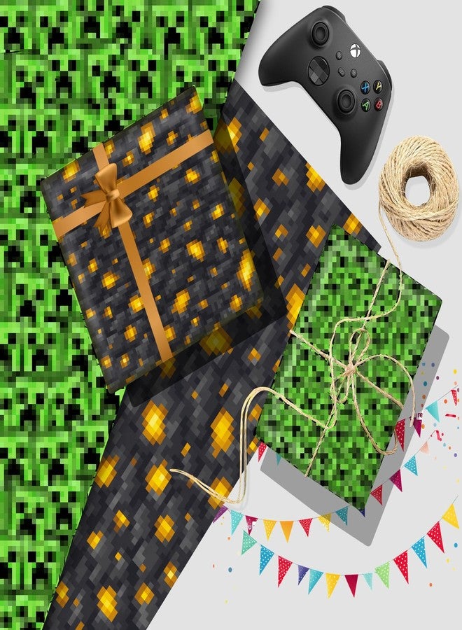 JenJen Tradition أوراق تغليف بكسل 28 × 40 بوصة - ورق تغليف هدايا ألعاب الفيديو للأولاد والأطفال - 4 تصاميم بكسل بنمط كريبر، وأنماط التراب والحمم البركانية والماس - لوازم حفلات أعياد ميلاد محبي الألعاب - Image 4