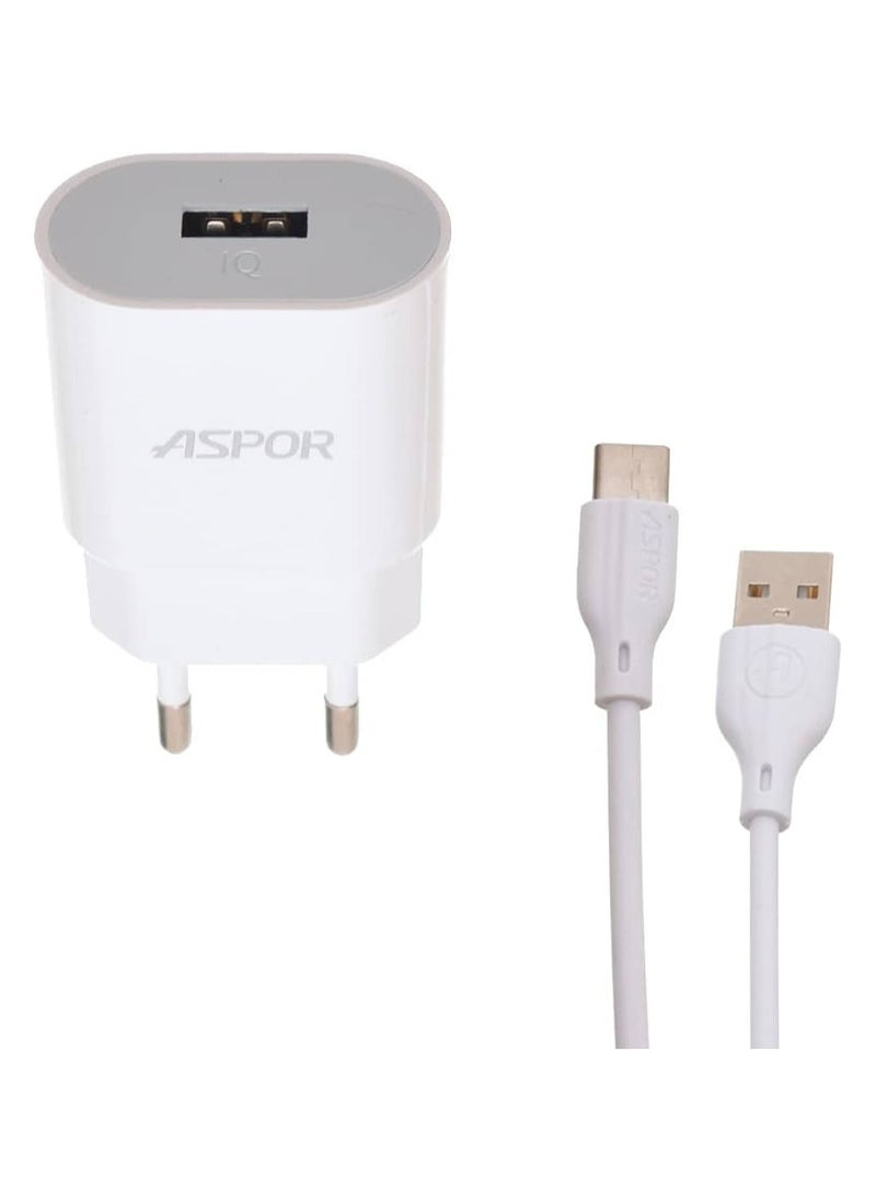 Aspor - A818 2.4 A IQ Home charger Plus Type-C cable- 1USB - EU PIN - White - Image 1