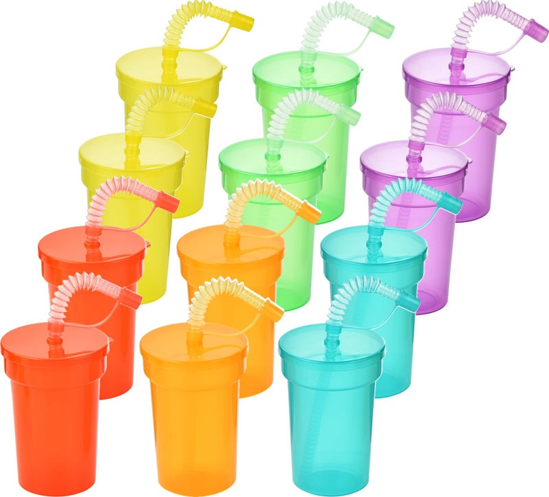 Haundry 12 Pack Kids Party Cups with Lid and Straws, Colorful Plastic Sipper Party Favors Cups for School Events and Birthday Celebrations Supplies - Image 1