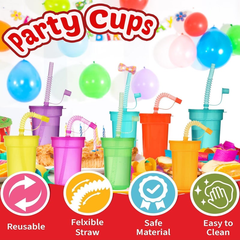 Haundry 12 Pack Kids Party Cups with Lid and Straws, Colorful Plastic Sipper Party Favors Cups for School Events and Birthday Celebrations Supplies - Image 4
