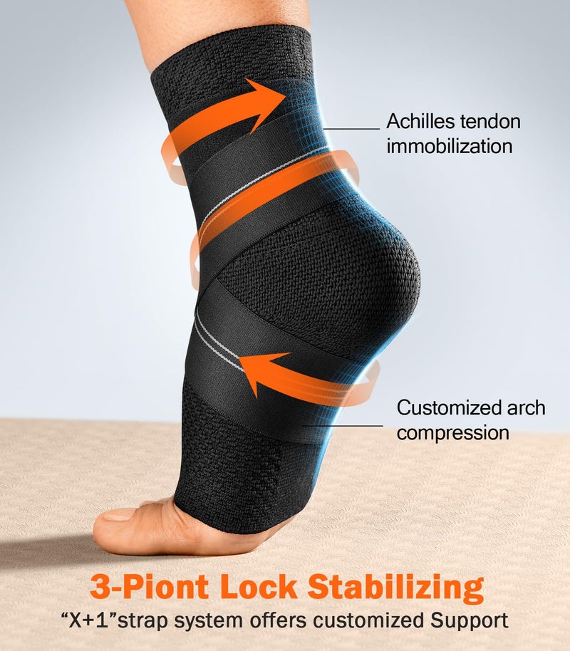 WHCOOL Flat Knitting Ankle Brace For Women&Men, 7-Zone Dynamic Compression Sleeve w/Flex Strap,Foot Support For Sports, Sprained Ankle, Achilles Tendonitis, Plantar Fasciitis Relief(Pack of1)L, Black - Image 4