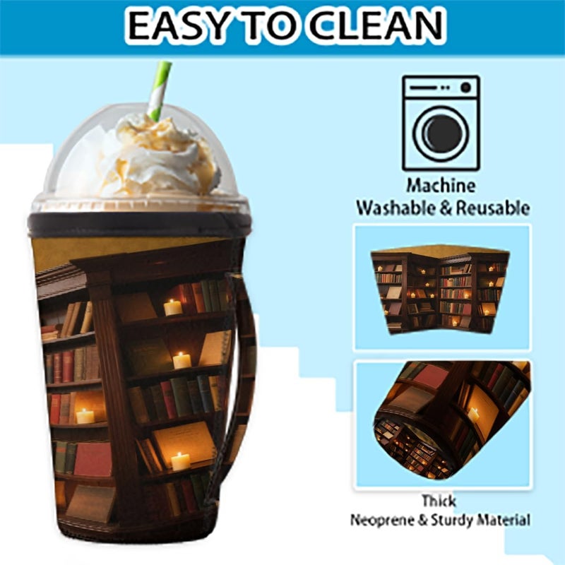 18-20oz Reusable Corner Bookcase Iced Coffee Sleeves 16-32oz Insulator Sleeves with Handle for Cold Drinks Beverages Drink Sleeve Holder for Popular Brands Coffee Cup-S - Image 4