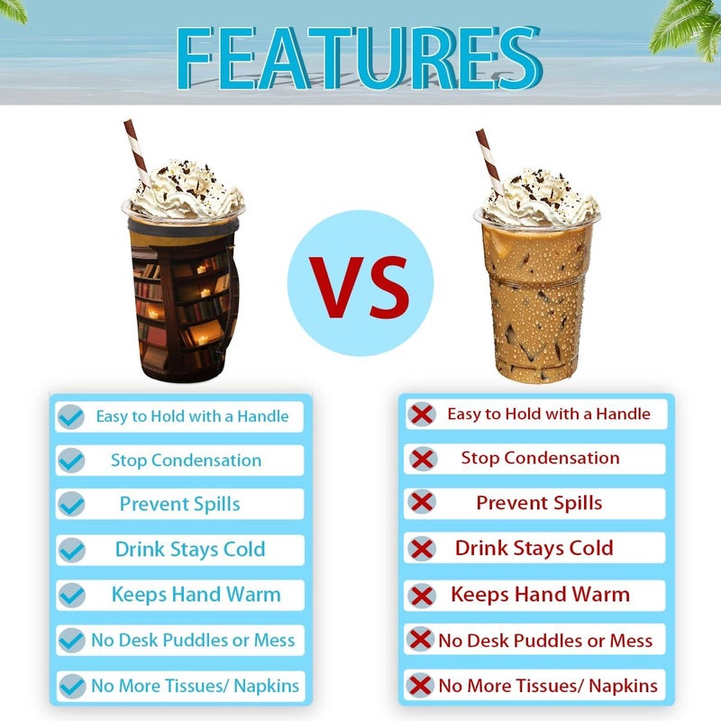 18-20oz Reusable Corner Bookcase Iced Coffee Sleeves 16-32oz Insulator Sleeves with Handle for Cold Drinks Beverages Drink Sleeve Holder for Popular Brands Coffee Cup-S - Image 3