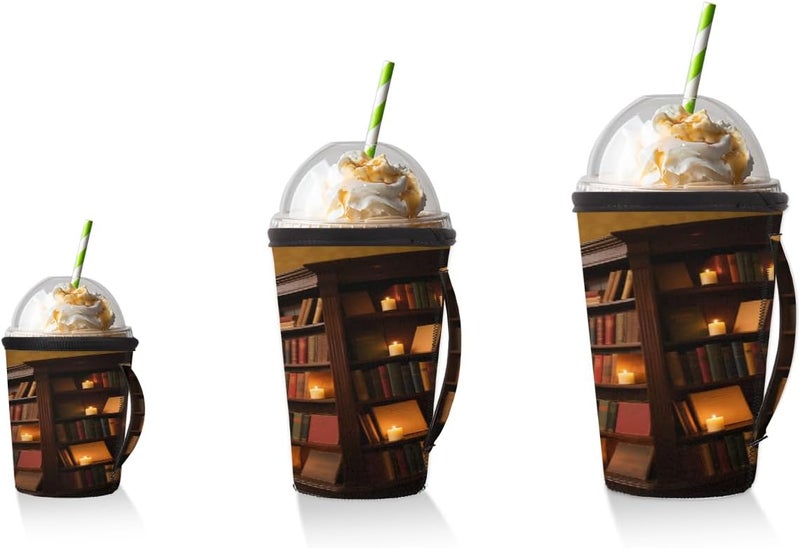 18-20oz Reusable Corner Bookcase Iced Coffee Sleeves 16-32oz Insulator Sleeves with Handle for Cold Drinks Beverages Drink Sleeve Holder for Popular Brands Coffee Cup-S - Image 5