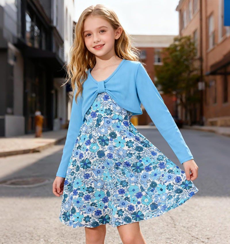 Kimoda Girl's 2 Piece Outfit 7-8 Blue Flower Cami Dress with Long Sleeve Casual Cardigan Size 8 Kids Fall Winter Clothes Colorful Daughter Gifts - Image 2