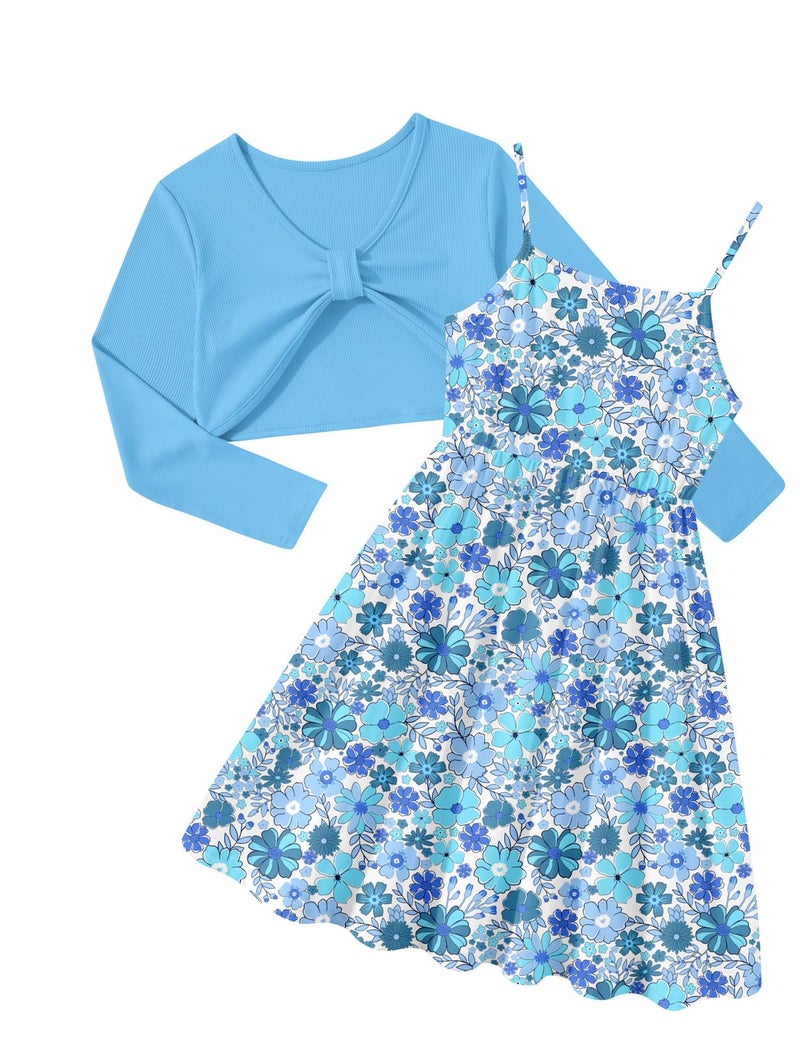 Kimoda Girl's 2 Piece Outfit 7-8 Blue Flower Cami Dress with Long Sleeve Casual Cardigan Size 8 Kids Fall Winter Clothes Colorful Daughter Gifts - Image 1