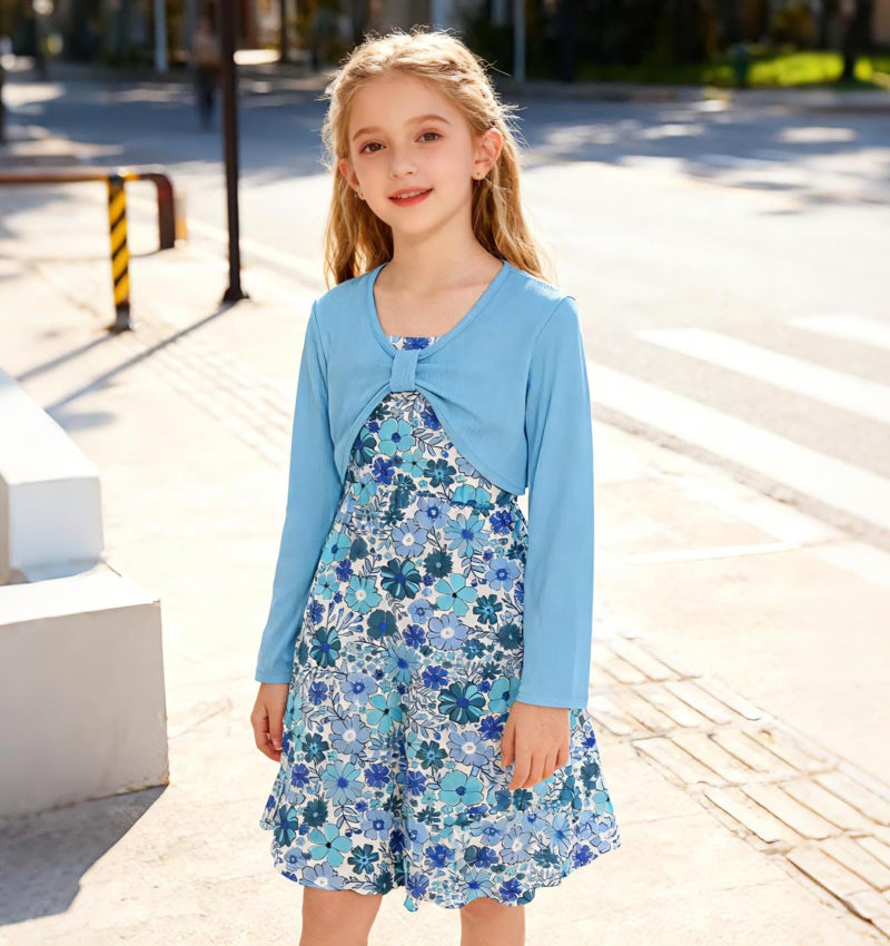 Kimoda Girl's 2 Piece Outfit 7-8 Blue Flower Cami Dress with Long Sleeve Casual Cardigan Size 8 Kids Fall Winter Clothes Colorful Daughter Gifts - Image 5