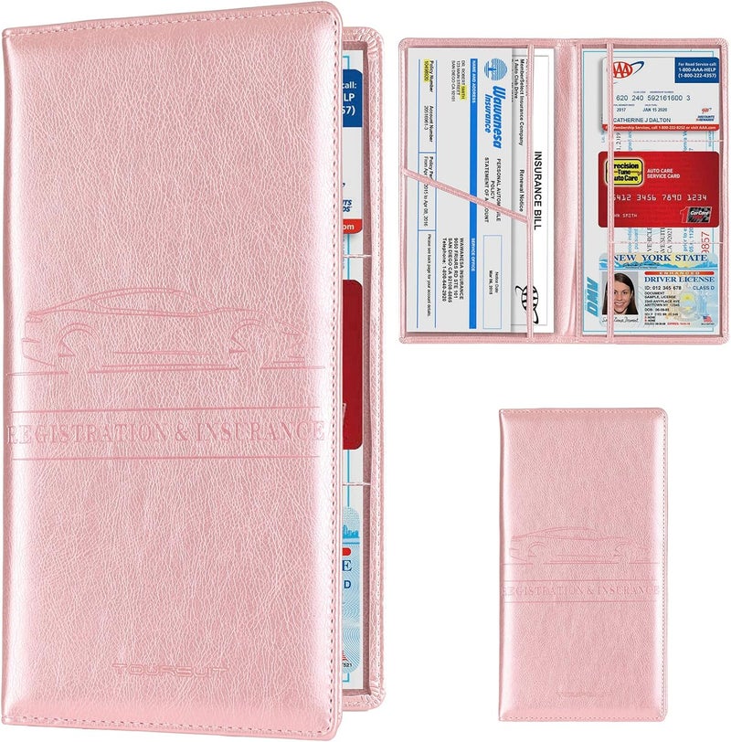 TOURSUIT Car Registration and Insurance Card Holder, Vehicle License Document Glove Box Compartment Organizer, Interior Car Accessories for Women Men Teens (Rose Gold) - Image 1
