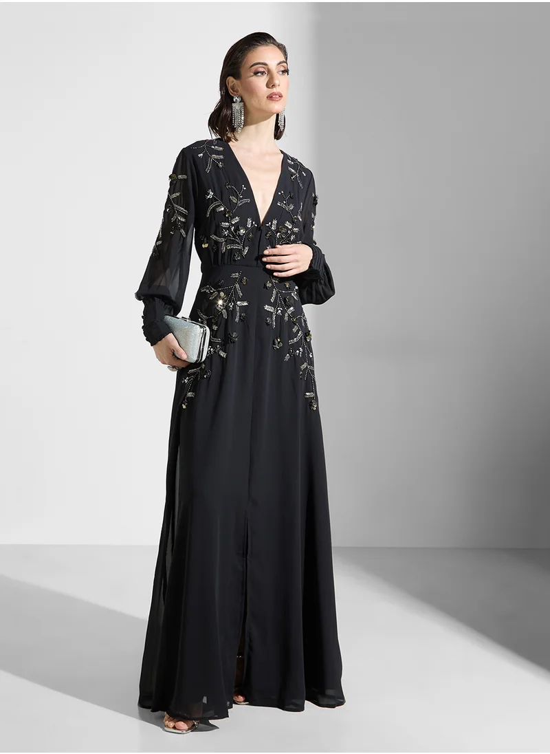 Hope & Ivy Embellished Plunge Neck  Dress