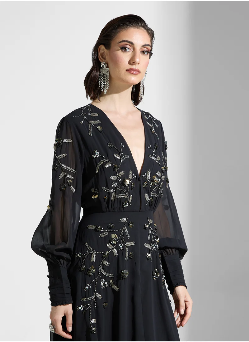Hope & Ivy Embellished Plunge Neck  Dress