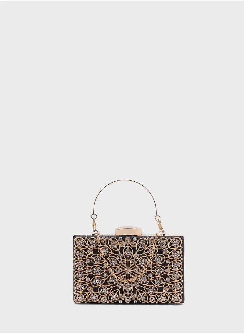 خزانة Floral Motif Embellished Box Clutch Bag