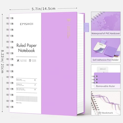 EMSHOI A5 Spiral Notebook College Ruled Lined Journal, Small 5.7" X 8.22", 300 Pages/150 Sheets, 100gsm Thick Paper, Waterproof Hardcover, for Office School Women Men Work Writing Notes-Purple - Image 2