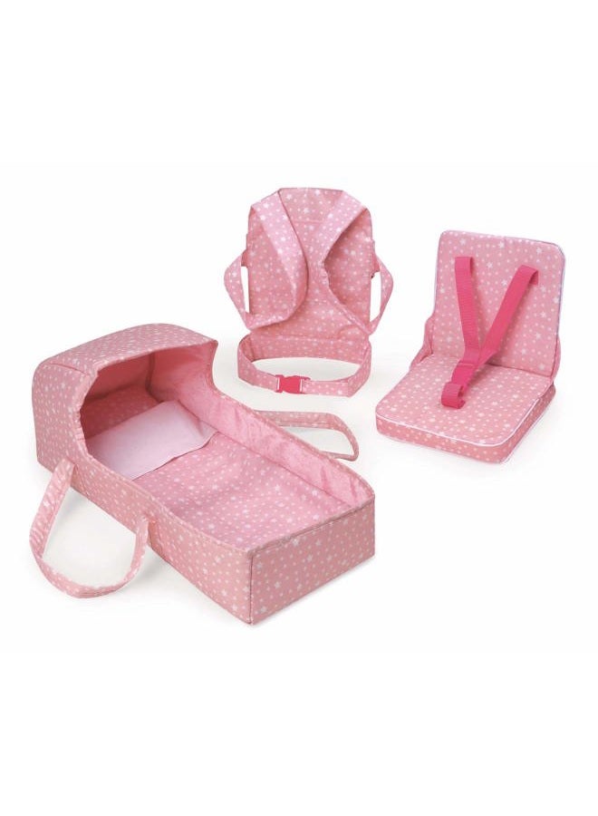 Badger Basket First Class 5-Piece Doll Travel Set for 18-Inch Dolls – Includes Travel Bed, Carrier, Reversible Blanket, and Accessories in Pink Stars Design - Image 1