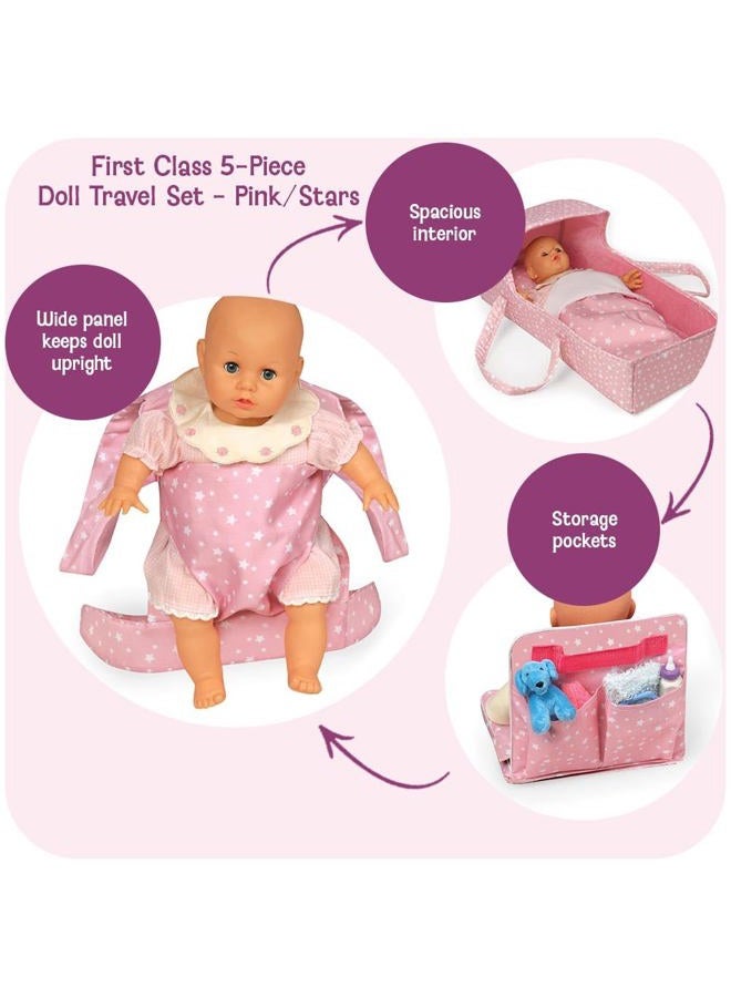Badger Basket First Class 5-Piece Doll Travel Set for 18-Inch Dolls – Includes Travel Bed, Carrier, Reversible Blanket, and Accessories in Pink Stars Design - Image 2
