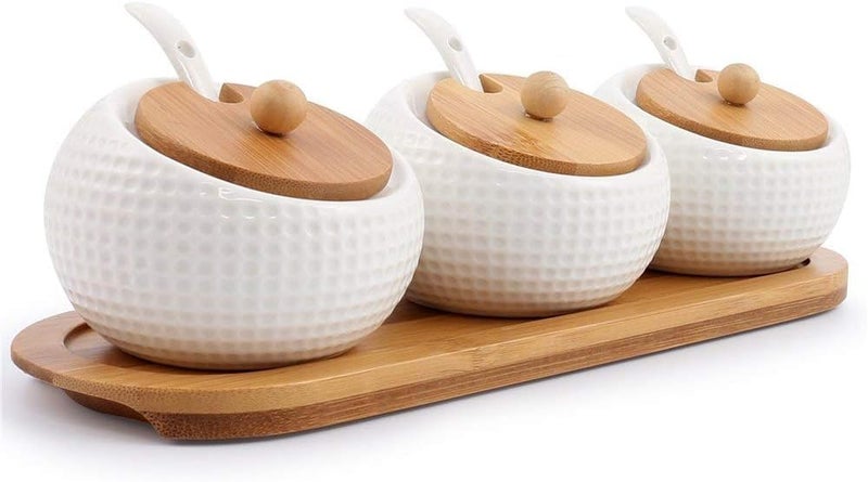 Potency Ceramic Spice Jars with Lid Sugar Bowls Condiment Pots Storage Jars and Canisters Seasoning Box Set with Lid Spoon and Tray for Kitchen StorageSets of 3 - Image 1