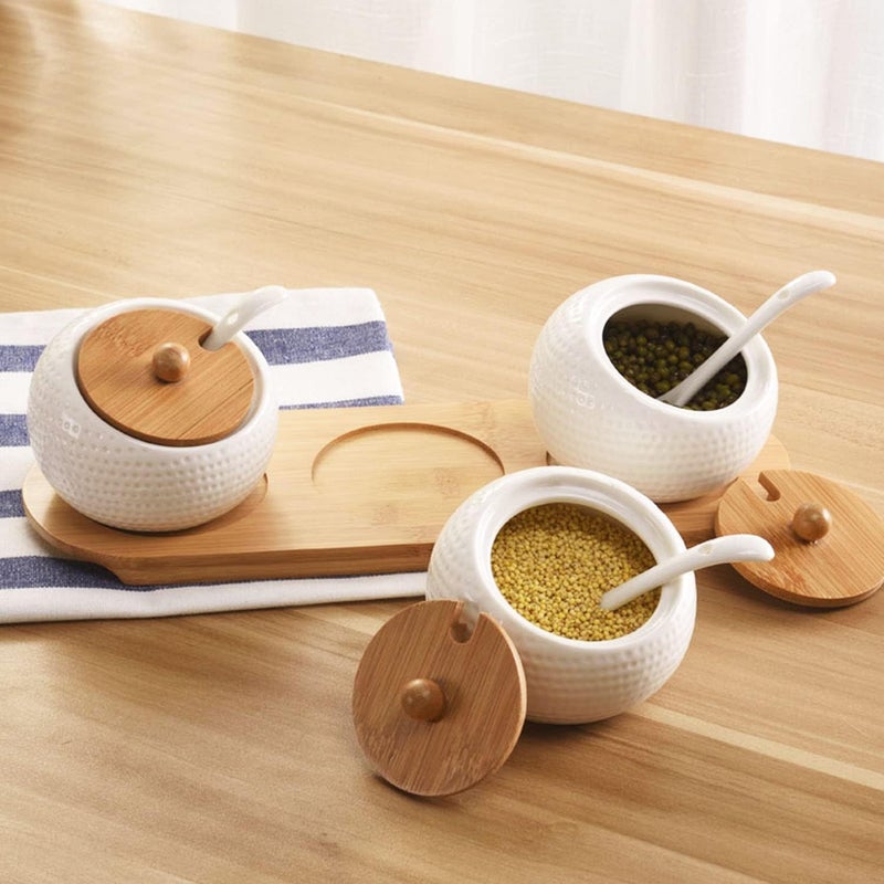 Potency Ceramic Spice Jars with Lid Sugar Bowls Condiment Pots Storage Jars and Canisters Seasoning Box Set with Lid Spoon and Tray for Kitchen StorageSets of 3 - Image 5