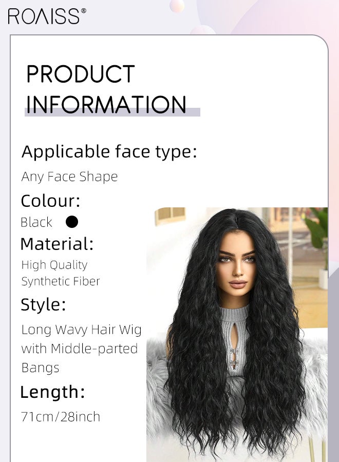 roaiss Black Long Wavy Hair Wig with Middle-parted Bangs for Women Natural Soft Synthetic Heat Resistant Hair Wig for Daily Wear Cosplay Party 71cm (28 inches) - Image 2