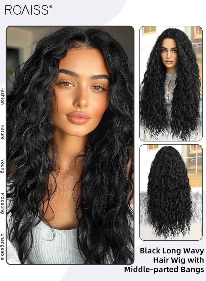 roaiss Black Long Wavy Hair Wig with Middle-parted Bangs for Women Natural Soft Synthetic Heat Resistant Hair Wig for Daily Wear Cosplay Party 71cm (28 inches) - Image 1