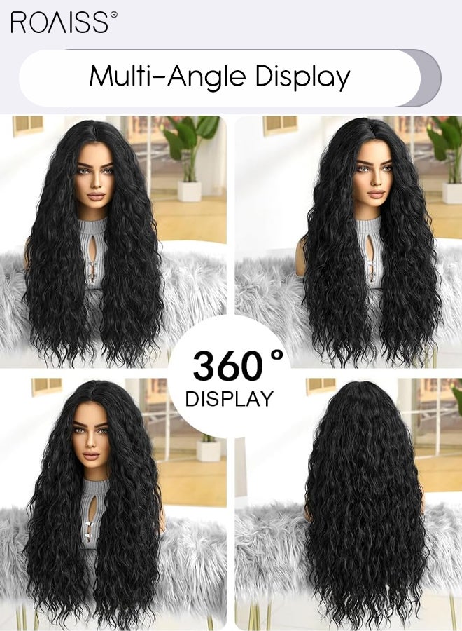 roaiss Black Long Wavy Hair Wig with Middle-parted Bangs for Women Natural Soft Synthetic Heat Resistant Hair Wig for Daily Wear Cosplay Party 71cm (28 inches) - Image 3