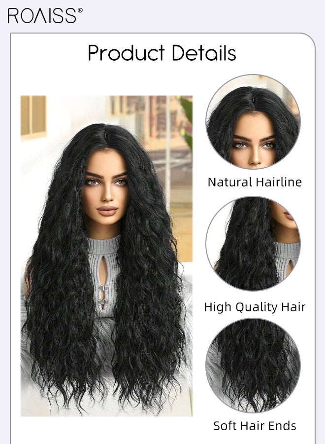 roaiss Black Long Wavy Hair Wig with Middle-parted Bangs for Women Natural Soft Synthetic Heat Resistant Hair Wig for Daily Wear Cosplay Party 71cm (28 inches) - Image 4