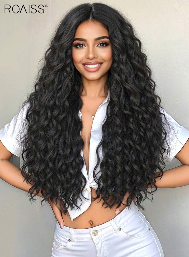 roaiss Black Long Wavy Hair Wig with Middle-parted Bangs for Women Natural Soft Synthetic Heat Resistant Hair Wig for Daily Wear Cosplay Party 71cm (28 inches) - Image 5