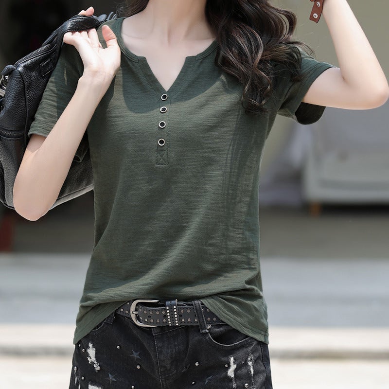 Slub Cotton 2023 Summer New Cotton Short-sleeved T-shirt Loose Large Size V-neck Women's Half-sleeved T-shirt Top - Image 3