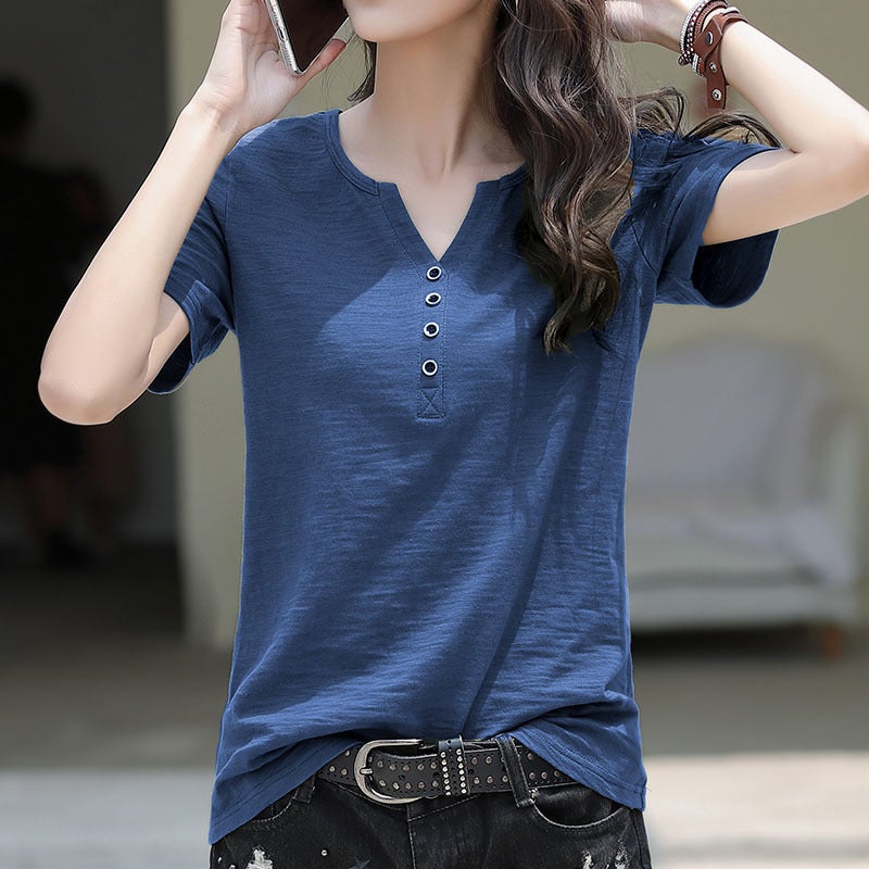 Slub Cotton 2023 Summer New Cotton Short-sleeved T-shirt Loose Large Size V-neck Women's Half-sleeved T-shirt Top - Image 2