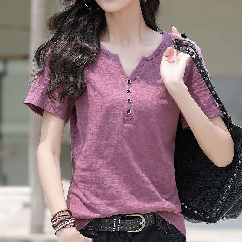 Slub Cotton 2023 Summer New Cotton Short-sleeved T-shirt Loose Large Size V-neck Women's Half-sleeved T-shirt Top - Image 4