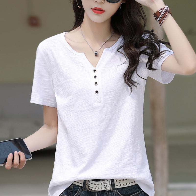 Slub Cotton 2023 Summer New Cotton Short-sleeved T-shirt Loose Large Size V-neck Women's Half-sleeved T-shirt Top - Image 5