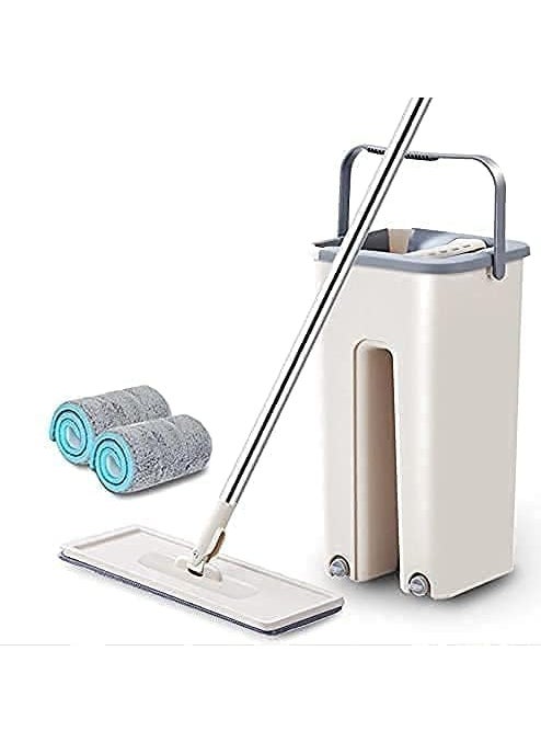 Krishn Kunj KRISHN KUNJ Plastic Mop Heavy QualityFloor Cleaning Mop with BucketFlexible KitchenHands Free Microfiber Squeeze pocha FlatSpin Mop 360 Flexible Head with 2 Reusable Microfiber Pads White  - Image 1