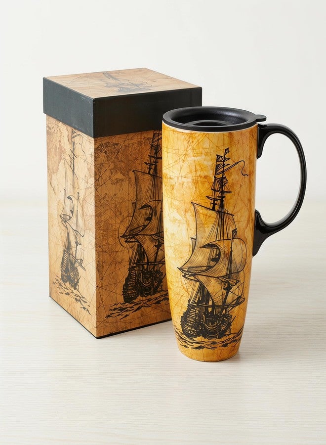 Topadorn Coffee Ceramic Mug Porcelain Latte Tea Cup With Lid 17oz, Novelty Coffee Mugs for Men Women Office & Home Sailboat - Image 1