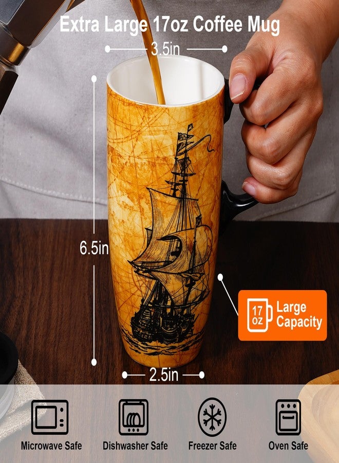Topadorn Coffee Ceramic Mug Porcelain Latte Tea Cup With Lid 17oz, Novelty Coffee Mugs for Men Women Office & Home Sailboat - Image 5