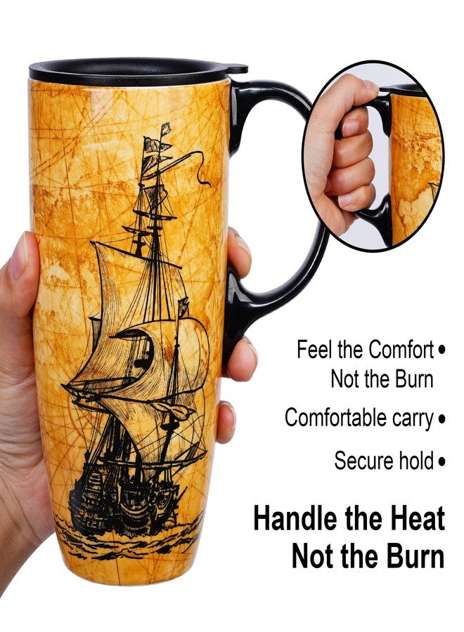 Topadorn Coffee Ceramic Mug Porcelain Latte Tea Cup With Lid 17oz, Novelty Coffee Mugs for Men Women Office & Home Sailboat - Image 2