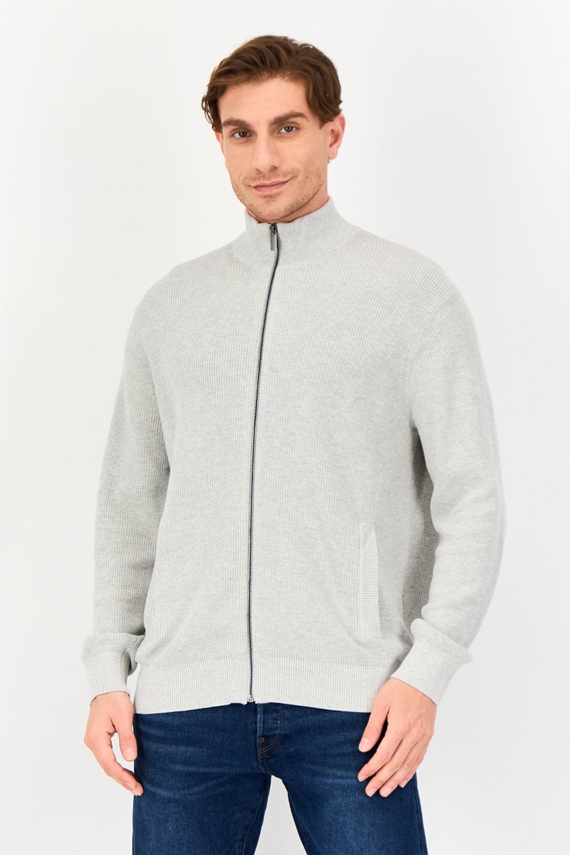 Celio Men Mock Neck Textured Sweater, Grey - Image 1