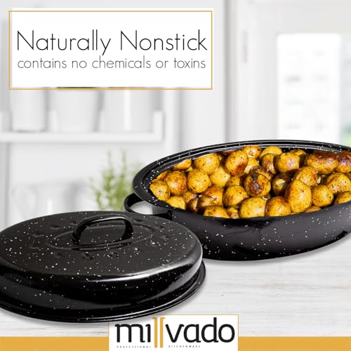 Millvado Granite Roasting Pan, 10 lb Capacity Turkey Roasting Pan with Lid, 15" Granite Oven Roaster Oval Shaped Speckled Enamel on Steel Cookware - Image 4